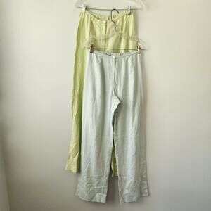 Express Linen Pants Juniors 3/4 Mint Blue & Green Straight Leg Coastal Boho Chic